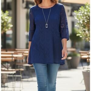 JM Collection XL Blue Scoop Neck Blouse with Attached Necklace 3/4 Sleeve